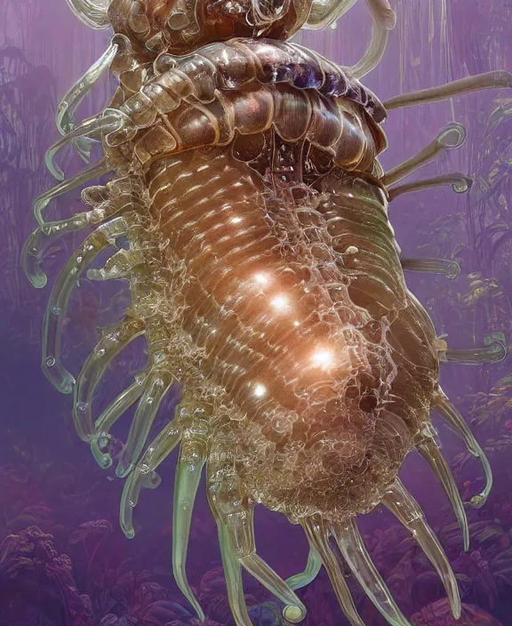 Image similar to intricate opulent transparent clear see - through portrait of a terrifying beautiful male human isopod sea slug, mottled coloring, adorable, childlike, overgrown retrofuturistic jungle environment, ultra realistic, concept art, art nouveau, photorealistic, octane render, 8 k, unreal engine. art by christopher marley and artgerm and greg rutkowski and alphonse mucha