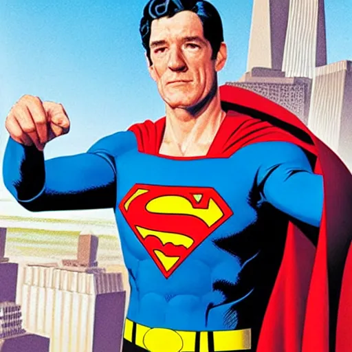 Image similar to comic book cover art, ian mckellen as superman by alex ross