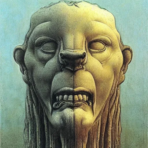 Image similar to cherub with four faces : man, lion, eagle, bull. drawn by zdzislaw beksinski