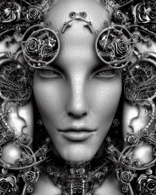 Prompt: mythical dreamy black and white organic bio-mechanical spinal ribbed profile face portrait detail of translucent steampunk beautiful female angelic-human-queen-vegetal-cyborg, highly detailed, intricate trnaslucent ivy jelly ornate, poetic, translucent roses ornate, 3D render, digital art, octane render, 8K artistic photography, photo-realistic, by Dora Maar