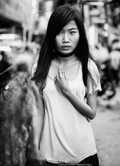 Image similar to Mid-shot portrait of a very beautiful 20-years-old woman from Indonesia, with long hair, candid street portrait in the style of Mario Testino award winning, Sony a7R