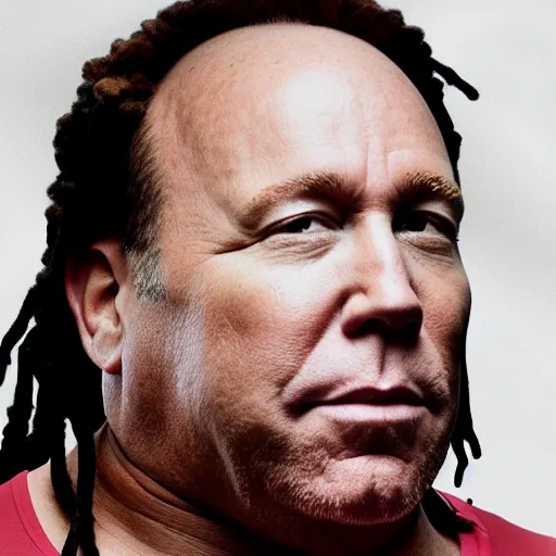 Image similar to Alex Jones appears as Tekasho 6ix9ine with dreadlocks and tattoos, high quality, photo