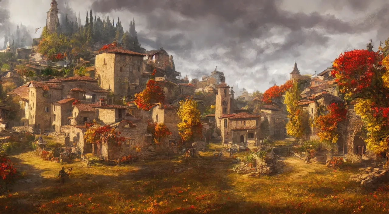 Image similar to high quality concept art from a historical fiction video game set in italy, a village in autumn, beautiful oil painting, concept art, trending on ArtStation, 4K HD, 35mm f/5.0