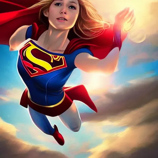 Prompt: supergirl flying through the sky, highly detailed, look of determination, charlie bowater character art.