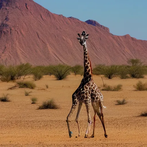 Prompt: a short giraffe grazing in the desert national geography 8k