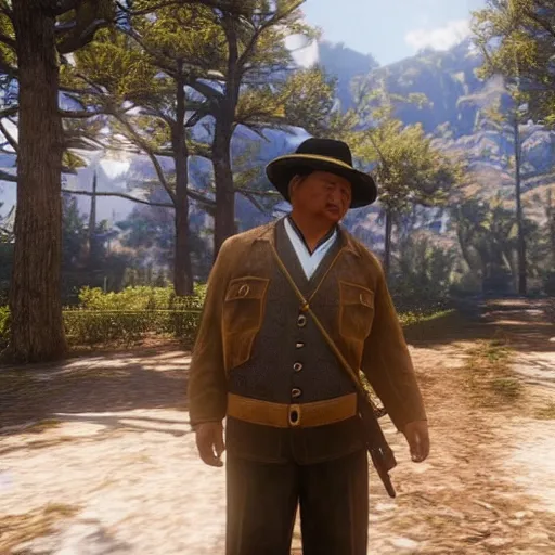 Image similar to screenshot of xi jinping in read red redemption 2, good graphic, highly detailed, rtx engine, nvidia geforce