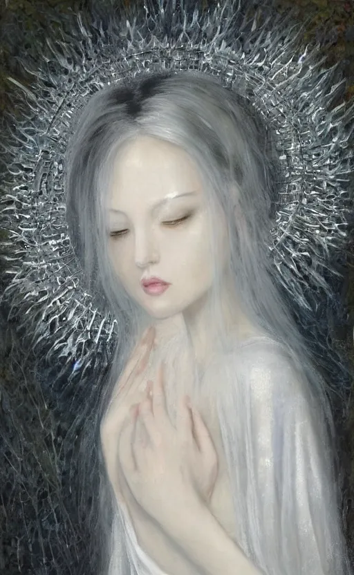 Image similar to angelic beauty with silver hair so pale and wan! and thin!?, flowing robes, covered in robes, lone pale asian white goddess, wearing robes of silver, flowing, pale skin, young cute face, covered!!, clothed!! lucien levy - dhurmer, jean deville, oil on canvas, 4 k resolution, aesthetic!, mystery