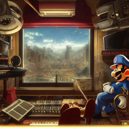 Image similar to Anime Musician, Mario Brothers style Studio Recording Setup, Streaming, Live, Professional Recording Equipment, Dark, Horror, detailed, centered, digital painting, artstation, concept art, donato giancola, Joseph Christian Leyendecker, WLOP, Boris Vallejo, Breathtaking, 8k resolution, extremely detailed, beautiful, establishing shot, artistic, hyperrealistic, beautiful face, octane render, cinematic lighting, dramatic lighting, masterpiece