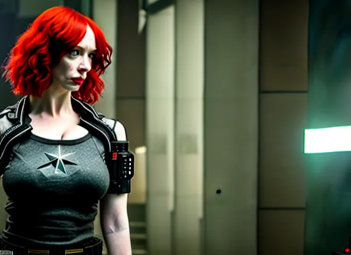 Prompt: filmstill christina hendricks cyberpunk 2 0 7 7, 1 0 0 mm lens, canon eos, red cinema camera, frontal view, dynamic pose, intricate, elegant, highly detailed, centered, redshift, octane, smooth, sharp focus, zeiss lens,