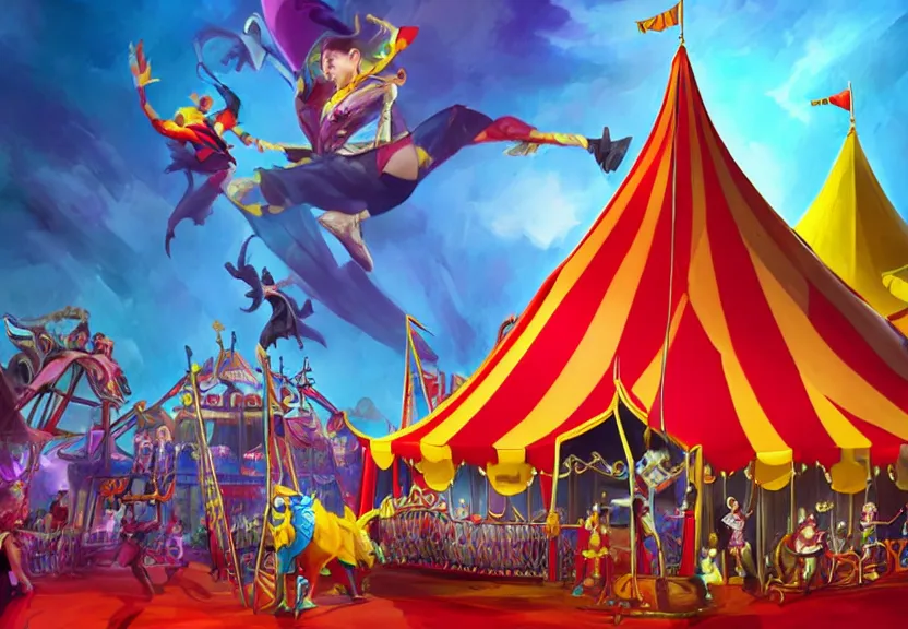 Prompt: a circus tent in an evil carnival in the style of league of legends