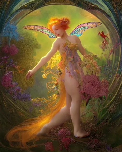 Image similar to a beautiful fairy in a morning dreamland, coherent design, symmetrical, vivid color, complementary color, golden ratio, detailed, sharp lines, intricate, rainbowshift, by james gurney, by brian froud, by peter mohrbacher, by alphonse mucha, by maxfield parrish, by karol bak, deviantart, octane render