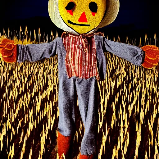 Image similar to Scarecrow in a cornfield at night looking at viewer, low quality photograph, eerie lighting