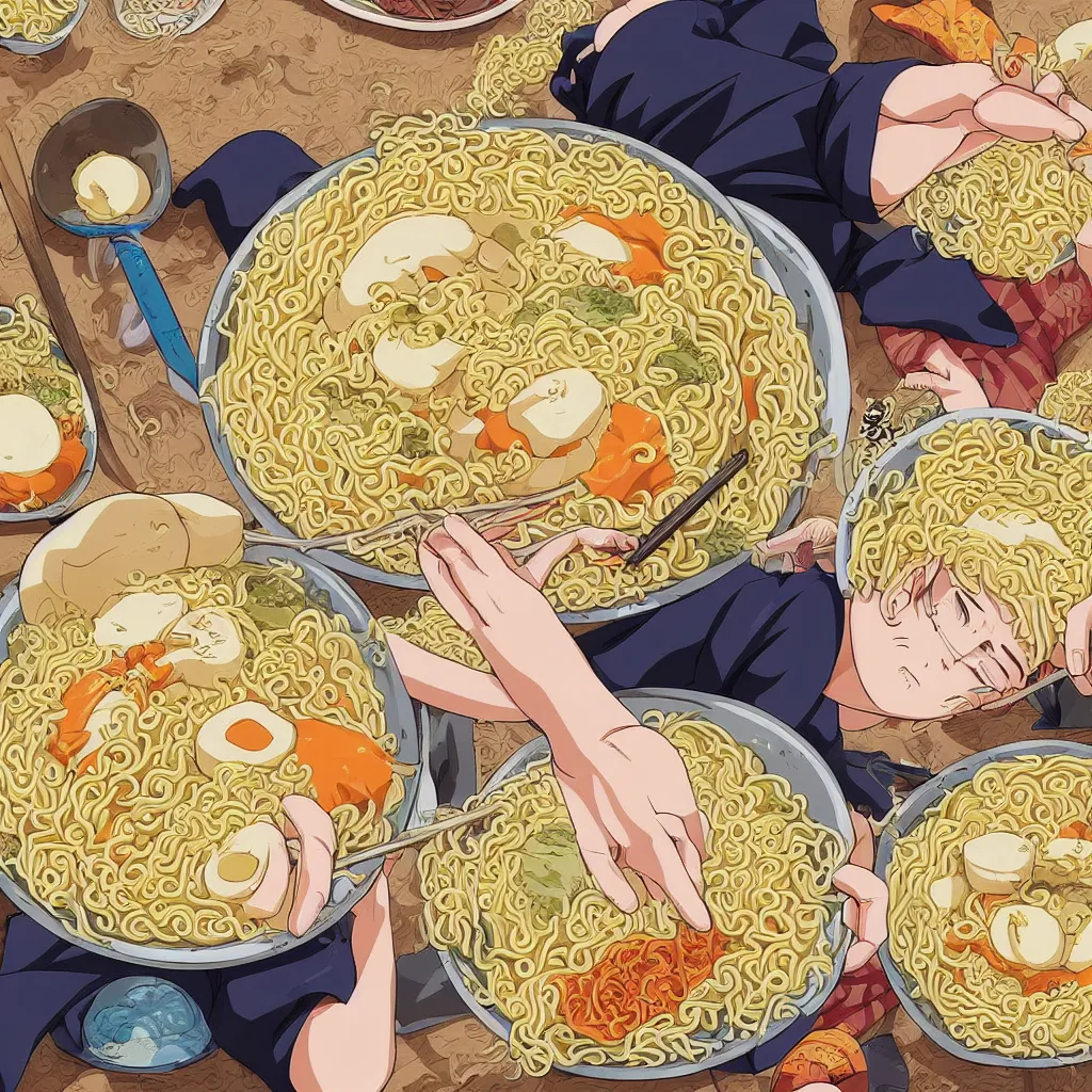 Image similar to a color manga illustration of blonde - haired naruto laying in a pile of ramen noodles in bowls, holding a large bowl of ramen and slurping up noodles. the view is top down. his mood is one of delicious bliss and naruto is the only human in the image. the image is illustrated in high colorful detail by masashi kishimoto and is very very very detailed.