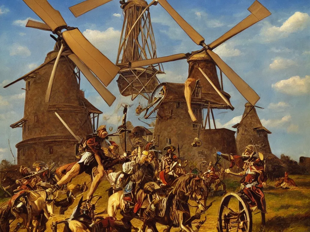 Image similar to oil painting of don quijote attacking a windmill, hyperrealism, highly detailed, pre - raphaelite style