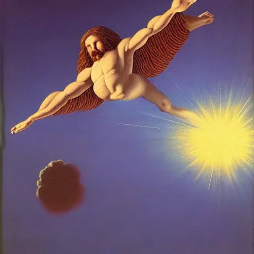 Image similar to very very detailed painting of jesus christ flying through space and time, radiating pure light, painted by rene magritte