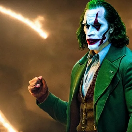 Prompt: still of Dwayne Johnson as Joker in new Joker film, arguing with Batman