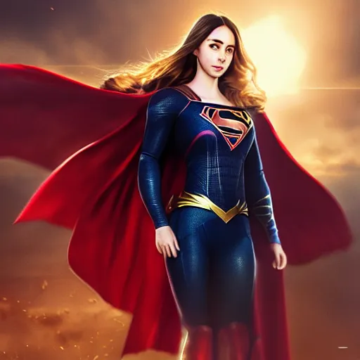 Image similar to a potrait of Lily Collins as Supergirl with man of steel suit style by Greg Rutkowski, Sung Choi, Mitchell Mohrhauser, Maciej Kuciara, Johnson Ting, Maxim Verehin, Peter Konig, 8k photorealistic, cinematic lighting, HD, high details, dramatic, trending on artstation, full body shot