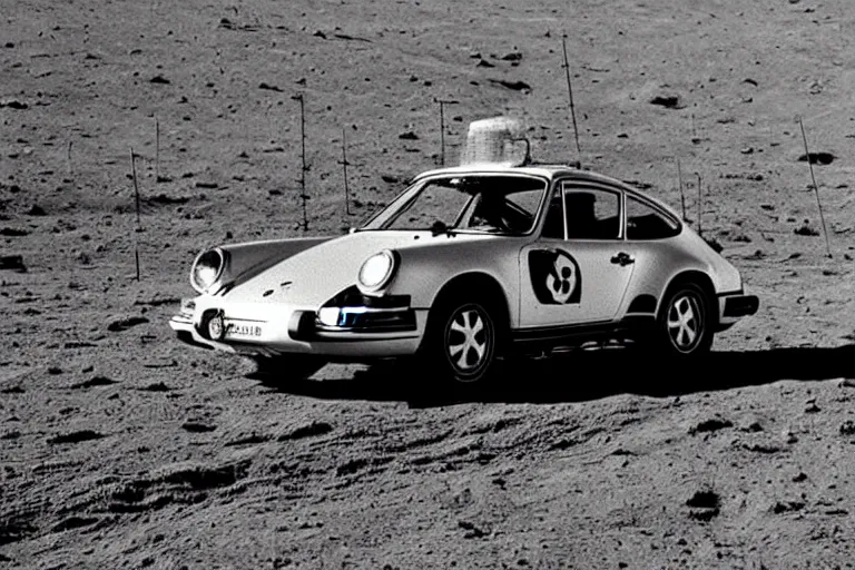 Image similar to vintage photo of a porsche 911 on the moon being driven by an astronaut. wide shot. apollo moon landing