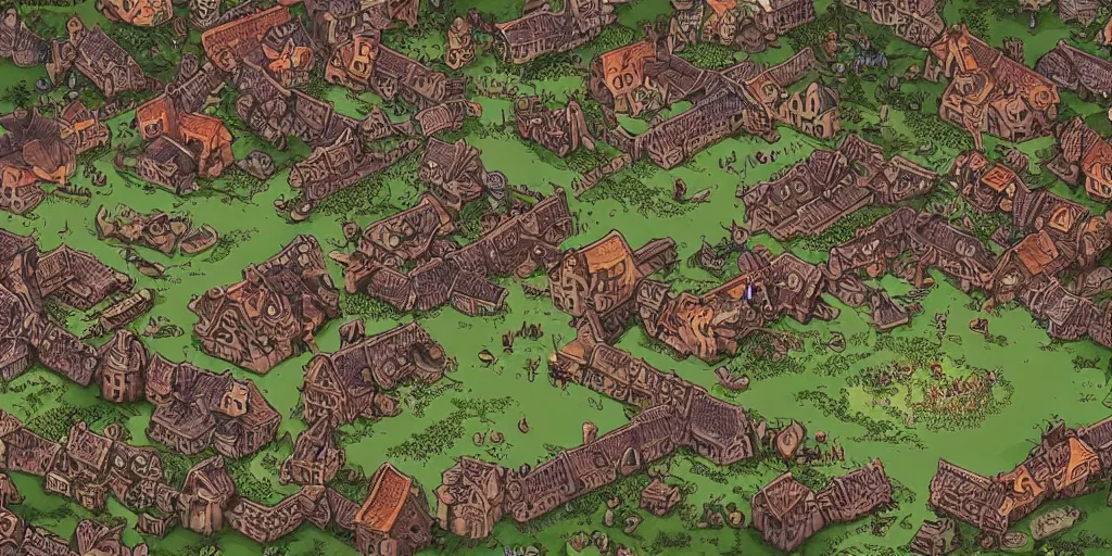 Prompt: isometric strategy game view, 1 8 th century german village, spooky cthulhu map, amazing detail, game art by moebius,