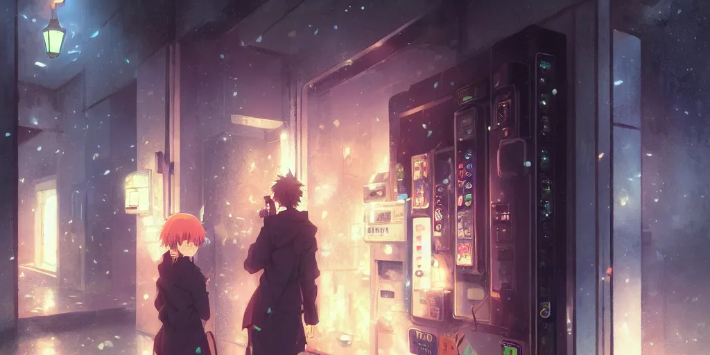 Image similar to anime kyoto animation key by greg rutkowski night, vending machine