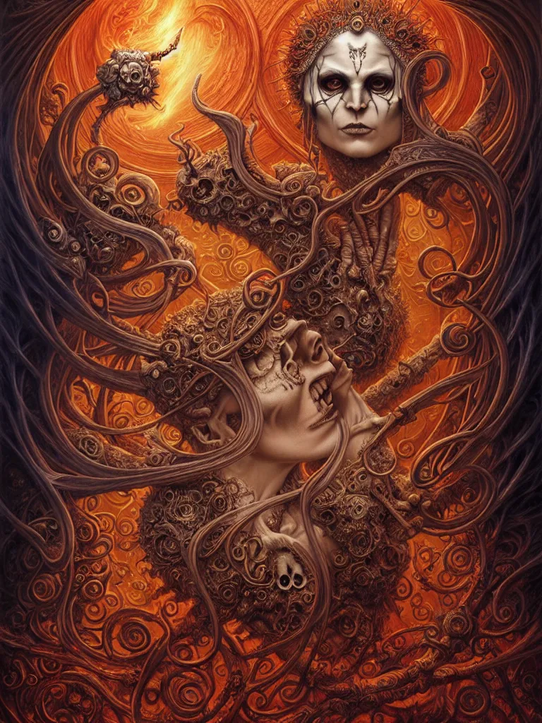 Image similar to A beautiful detailed orixa, tarot card, by tomasz alen kopera and Justin Gerard, symmetrical features, ominous, magical realism, texture, intricate, ornate, royally decorated, skull, skeleton, whirling smoke, embers, red adornements, red torn fabric, radiant colors, fantasy, trending on artstation, volumetric lighting, micro details, 3d sculpture, ray tracing, 8k, anaglyph effect