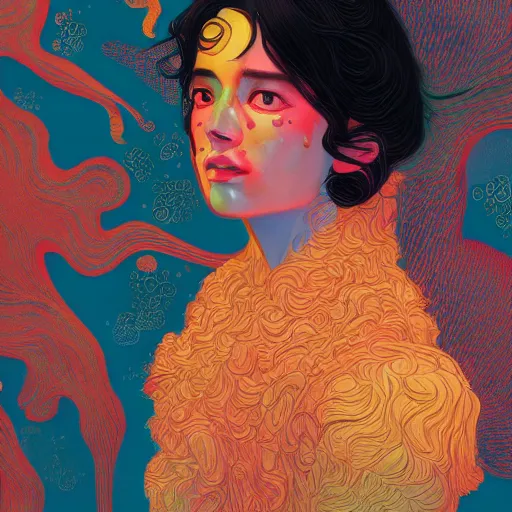 Prompt: portrait women, tan skin,black hair,dentist, winner by Victo Ngai, Kilian Eng and by Jake Parker, swirly vibrant color lines, winning-award masterpiece, fantastically gaudy, aesthetic octane render, 8K HD Resolution