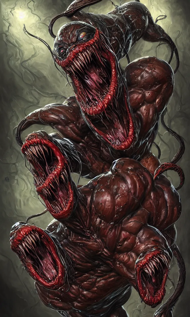 Image similar to hyper realist full body long shot portrait of bodybuilder venom legs from marvel comics!!!!, large mouth with teeth, large tongue, lovecraftian horror!!, fantasy, intricate, elegant, highly detailed, digital painting, artstation, concept art, matte, sharp focus, illustration, art by glenn fabry and giger