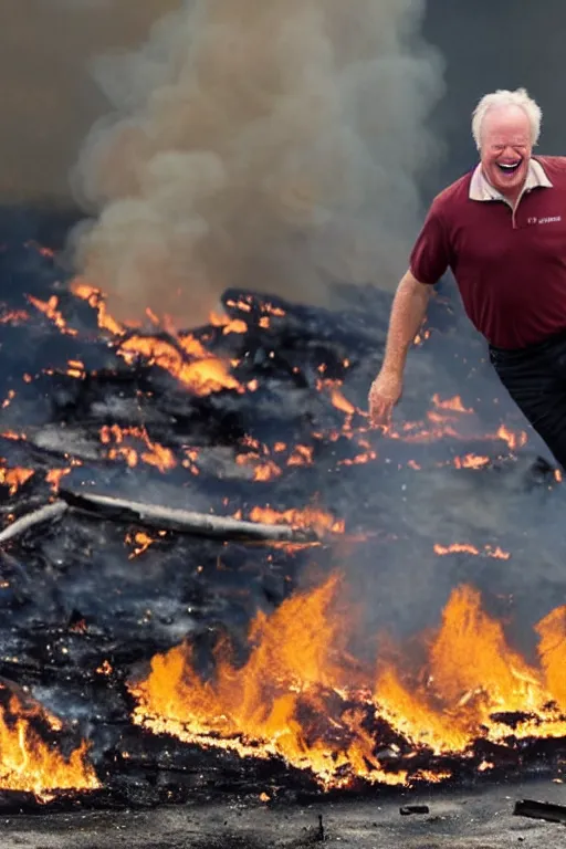 Image similar to kevin tighe floating off the ground above a burning garbage fire laughing