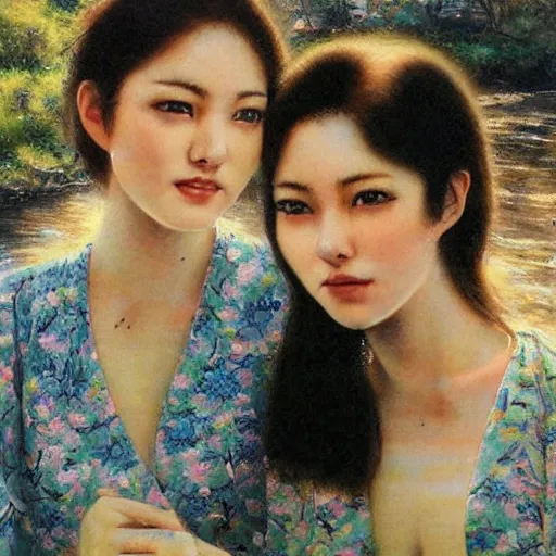 Image similar to a portrait of two beautiful 3 0 year old sisters in a scenic environment by noriyoshi ohrai