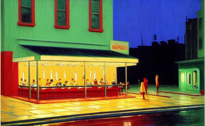 Prompt: exterior of cyberpunk restaurant during a melancholy rainy night by hopper, edward