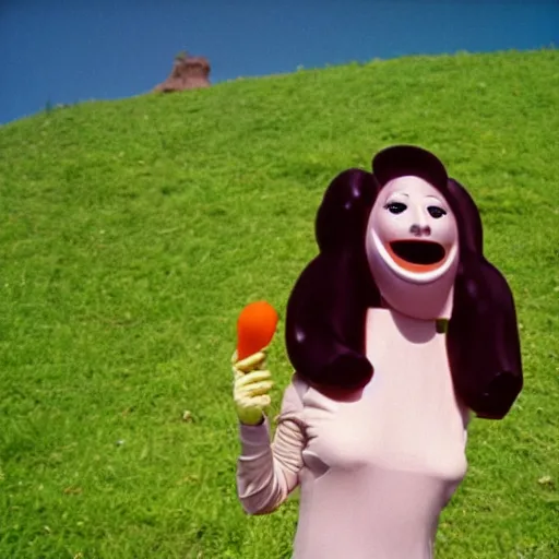 Image similar to glamorous woman with an inflatable nose, long snout, in the hillside, 1974 arthouse film, archival footage, technicolor film