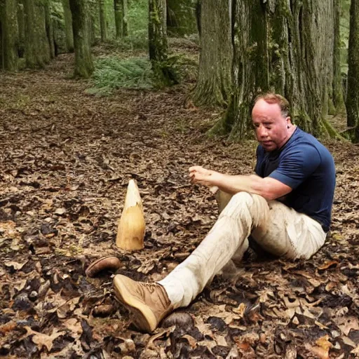 Prompt: Alex Jones eating mushrooms in the forest off the floor
