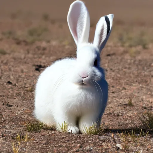 Image similar to photo of a white bunny with black spots on face and nose, in the Texas desert, cactus, desert mountains, big bend, 50mm, beautiful photo,