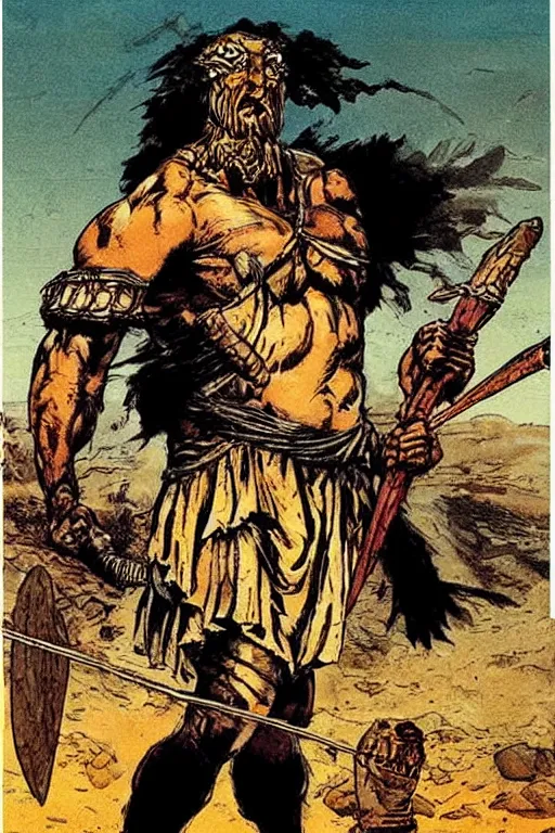 Image similar to ancient historically accurate depiction of the Bible Character Goliath of Gath, the Philistine warrior giant by frank miller