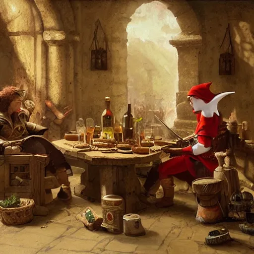 Prompt: An elf ranger and a dwarf berserker having drinks together in a tavern, baroque, oil on canvas, by Greg Rutkowski