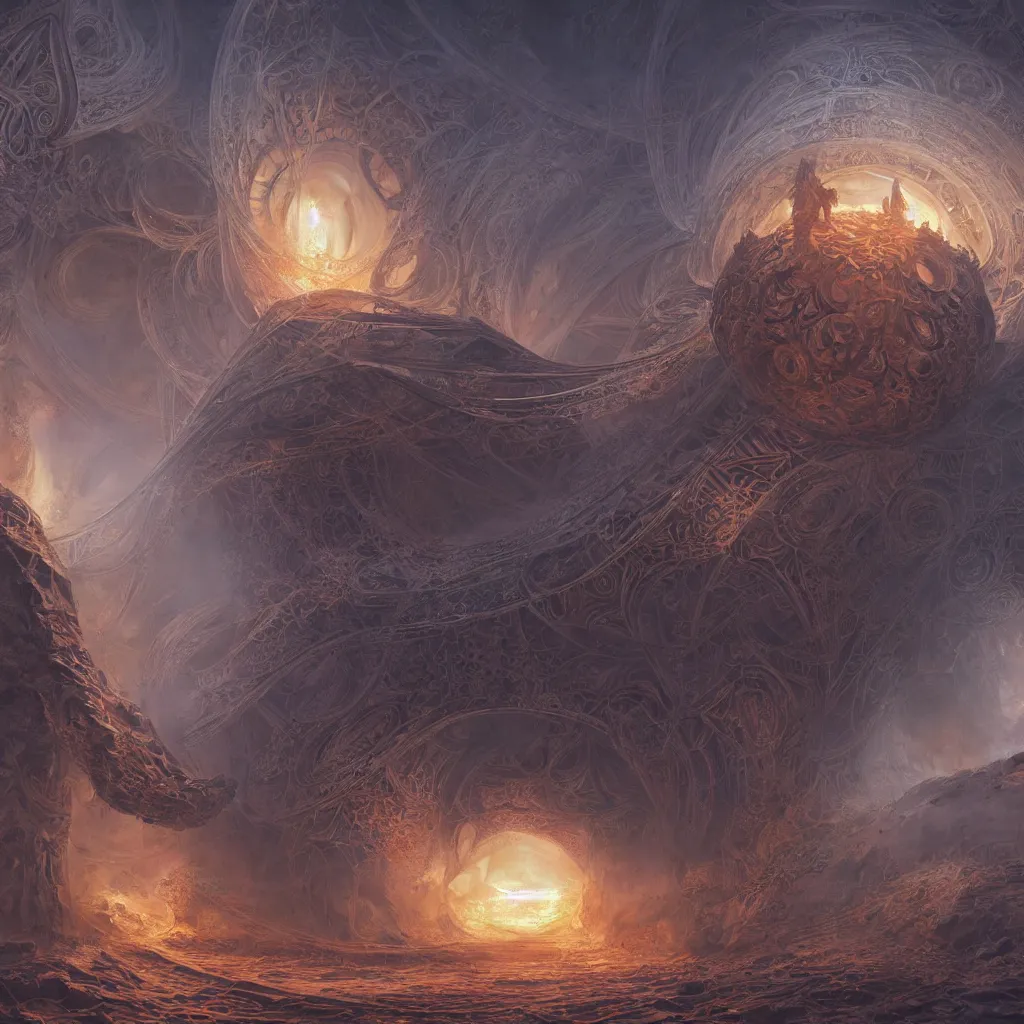 Image similar to fractal burning halo, sacred geometry, intricate artwork by Tyler Edlin and Moebius and HR Giger, greg rutkowski, very coherent symmetrical artwork, cinematic, hyper realism, high detail, octane render, unreal engine, 8k, Smooth gradients, High contrast, depth of field by Jacek Yerka, Mariusz Lewandowski