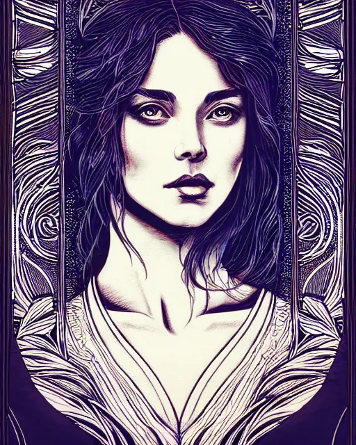 Image similar to etched beauty fabric portrait, art nouveau, artgerm, caravaggio, dan mumford, alena aenami