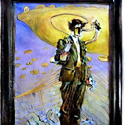 Image similar to realistic extremely detailed portrait painting of. an average. man with his. briefcase .in his. left hand . by Jean Delville, Amano, Yves Tanguy, Alphonse Mucha, Ernst Haeckel, Edward Robert Hughes, Roger Dean, pale muted pastel moody colors, gold eyes