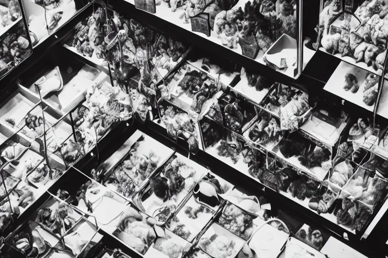 Image similar to overhead view, surveillance, black and white, a pet store with kittens sitting on the floor