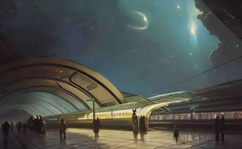 Prompt: exterior shot of utopian train station on the edge of the space with cinematic lighting by zaha hadid and renzo piano, darek zabrocki and greg ruthkowski, alphonse mucha, simon stalenhag, cinematic, holy place, paradise, scifi, futurism, atmospheric, dusk, concept art, artstation, trending on artstation