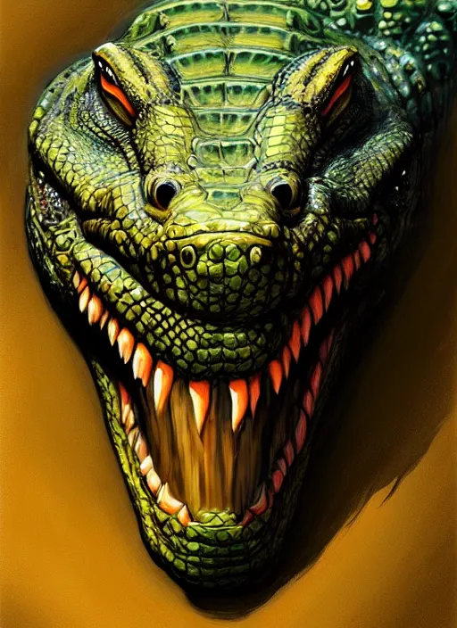 Image similar to portrait of an alligator - headed reptile, beautiful face, hyper realistic, highly detailed, digital painting, artstation, illustration, concept art by hyung tae and frank frazetta, digital paint, matte paint, washed colors, eating cakes, dark, gloomy, foggy