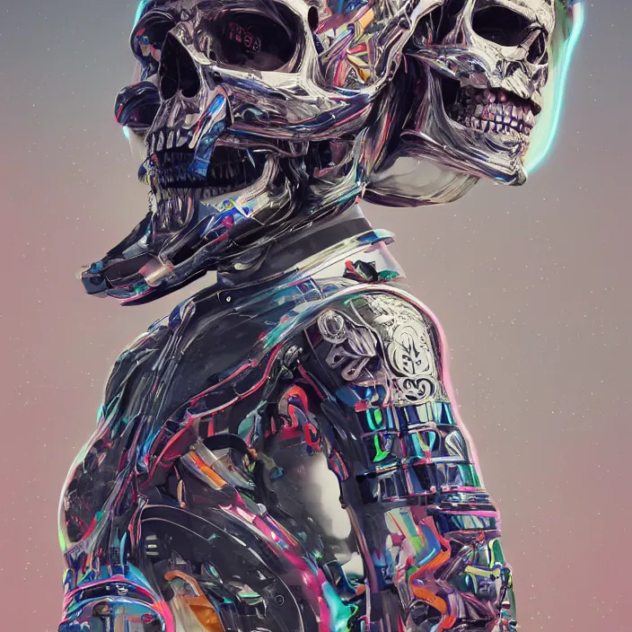 Prompt: portrait of a skull in a racing suit. intricate abstract. intricate artwork. nightmare fuel. by Tooth Wu, wlop, beeple, dan mumford. octane render, trending on artstation, greg rutkowski very coherent symmetrical artwork. cinematic, hyper realism, high detail, octane render, 8k, iridescent accents