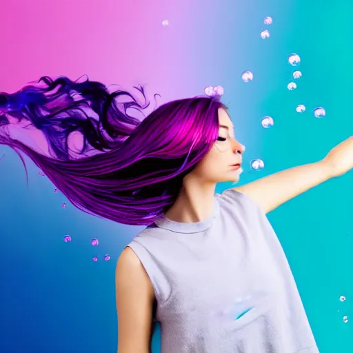 Prompt: a award winning half body portrait of a beautiful woman in a croptop with a ombre purple pink teal hairstyle with head in motion and hair flying, water bubbles, outrun, vaporware, vivid colors, highly detailed, fine detail, intricate