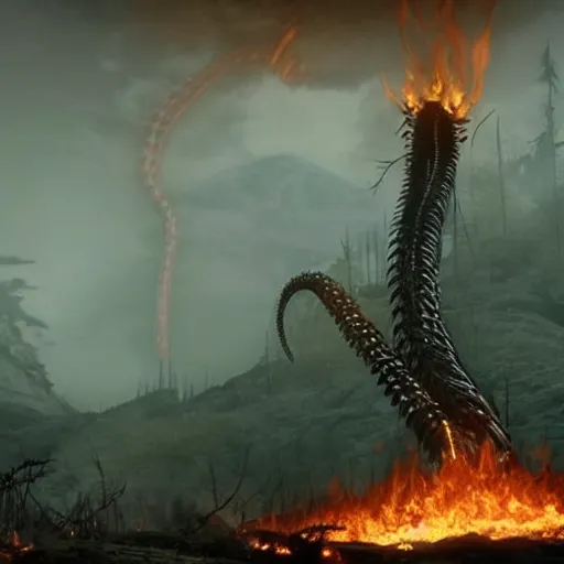 Prompt: distant shot of a 1 0 0 foot tall centipede, made of bones, trampling a burning forest, from skyrim, by makoto shinkai, hayao miyazaki, sakimichan h - w 1 0 2 4