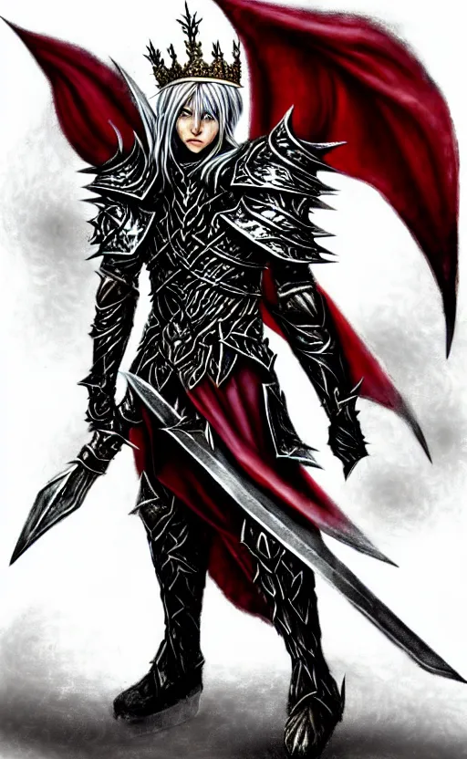 Image similar to A male elf, 20 years old, short silver hair, red eyes, spiked black metal crown with three round designs on the front side, black heavy armor with gold trim, red cape, lean but muscular, attractive, command presence, royalty, weathered face, smooth, sharp focus, illustration, concept art, highly detailed, muscle definition, fantasy paitning, ArtStation, ArtStation HQ