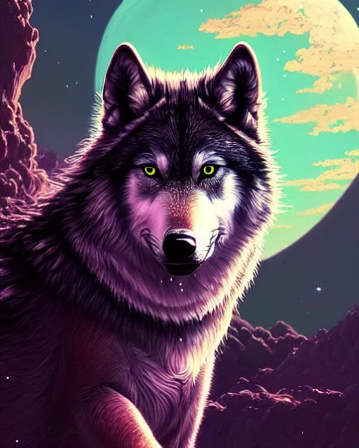 Image similar to highly detailed surreal vfx portrait of a metallic chromatic samurai wolf in front of a full moon, stephen bliss, unreal engine, greg rutkowski, loish, rhads, beeple, makoto shinkai and lois van baarle, ilya kuvshinov, rossdraws, tom bagshaw, alphonse mucha, global illumination, detailed and intricate environment