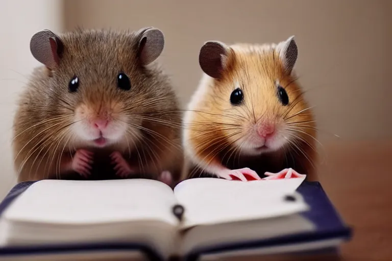 Prompt: a cute hamster reading working in an office