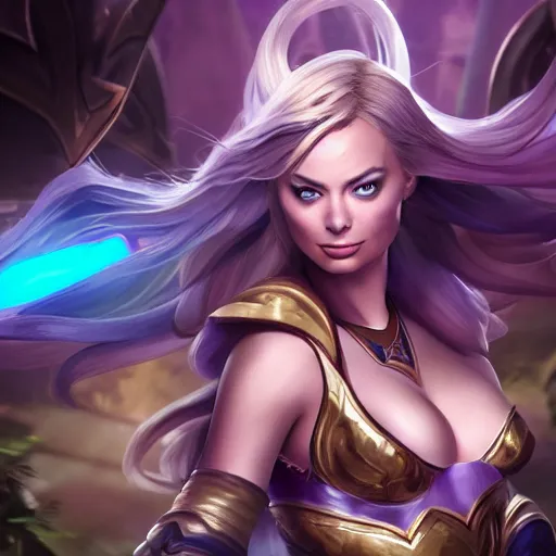 Prompt: hyper realistic action shot of Lux in League of Legends played by Margot Robbie, 4k, Carl Zeiss, sigma, Tamron so 85mm, stunning arcanum backdrop, magic, ornate set design, cinematic, lute