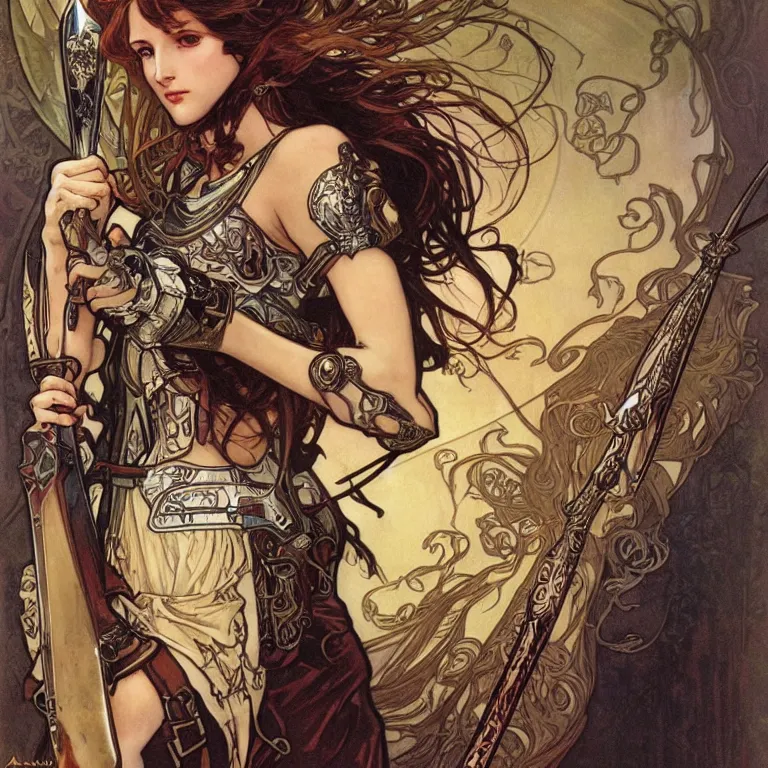 Prompt: paladin holding sword by alphonse mucha, ayami kojima, amano, greg hildebrandt, and mark brooks, female, feminine, art nouveau, cyberpunk, neo - gothic, gothic, character concept design