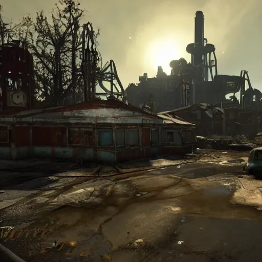 Image similar to walt disney world orlando in ruins post - nuclear war in fallout 4, in game screenshot